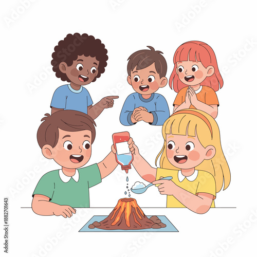 A group of happy kids engaged in a fun science experiment with a volcano model, using pastel colors in a playful illustration.