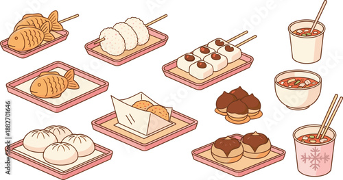 Cute Asian Street Food Cartoon Vector Set with Taiyaki, Dango, Dumplings, Buns, Desserts, and Hot Soup Dishes