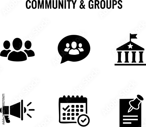Set of 6 Minimal Community & Groups Icons Isolated White Background Users Megaphone Event