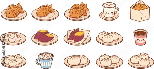 Cute Asian Street Food Cartoon Vector Set with Taiyaki Fish Pastry, Steamed Buns, Sweet Potato Snacks, Hot Drinks, and Desserts