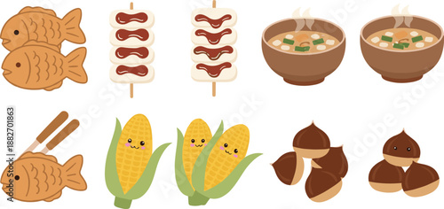 Cute Asian Street Food Cartoon Vector Set with Fish Pastry, Dango Skewers, Corn Snacks, Hot Soup Bowls, and Roasted Chestnuts