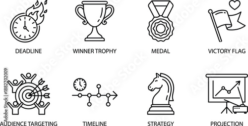 Set of black linear business icons including deadline winner trophy medal victory flag audience targeting timeline strategy and projection symbols for professional designs.