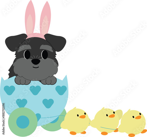 Cute Puppy in Easter Egg Cart with Chicks