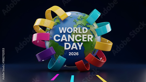 World cancer day 2026 awareness campaign with colorful ribbons and globe