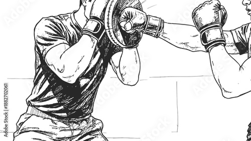 Intense boxing training session depicted in a dynamic black and white pencil sketch showing a fighter punching a focus mitt held by a partner during practice