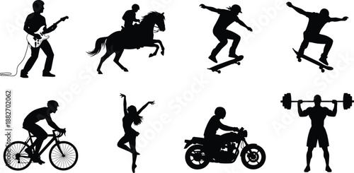 Active lifestyle silhouettes showing sports, music, fitness and motion, black human figures illustration, dynamic hobbies and recreation concept design