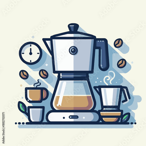 Vintage Moka Pot Coffee Maker with Beans and Clock