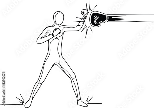 Minimalist one line drawing depicts a stick figure boxer delivering a powerful straight punch to an opponent in dynamic sports action.