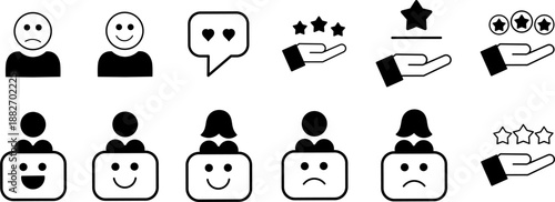User Rating and Feedback Icon Collection. Featuring Smiley Faces, Review Stars, Like, Chat and Satisfaction Symbols in Solid Glyph Style.