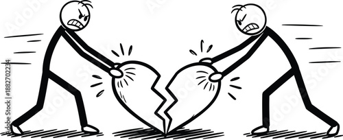Stick figures fiercely pulling apart a broken heart illustration symbolizing relationship conflict divorce or emotional separation struggles