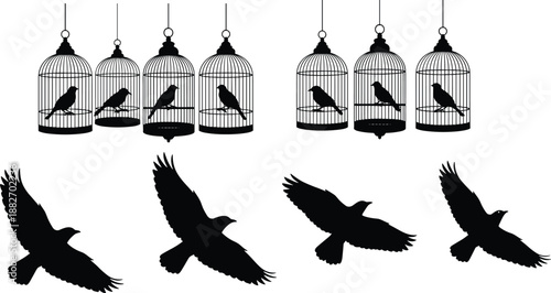Black bird cage silhouettes with flying birds, freedom concept illustration, minimal monochrome design, symbolic captivity and liberation artwork.