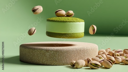 Wallpaper Mural Elegant Levitating Pistachio Cake on Stone Podium with Whole Nuts Torontodigital.ca