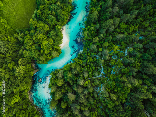 Wonderful Soca river and gorge in the green forest, Bovec, Slovenia. Kayaking destination in Slovenia in Triglav National park