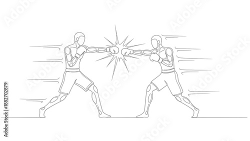 Two stylized boxers in a dynamic continuous line art drawing aggressively exchange powerful punches during an intense boxing match illustration