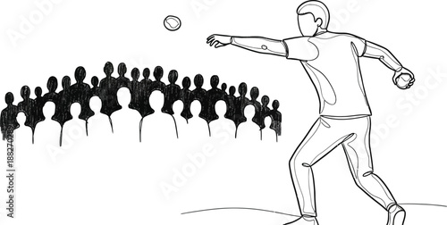 Athlete preparing to throw a ball toward a dark crowd silhouette in this minimalist line art illustration symbolizing focus and challenge