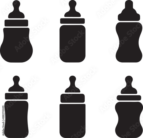 Baby bottle silhouette set isolated on transparent background 