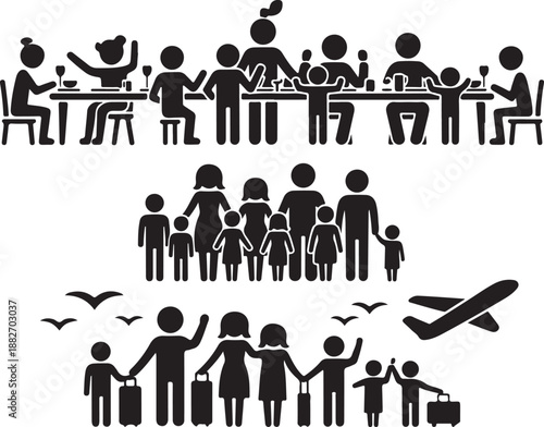 Big family and relatives reunion, gathering and activities. Stick figure pictogram depicts family and relatives getting together for a meal, vacation, and photo session together