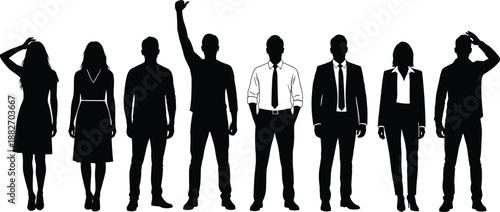 Diverse business people silhouettes standing confidently together, men and women leadership teamwork concept, professional corporate group, black vector illustration.
