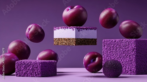 Wallpaper Mural Levitating Purple Plums and Mousse Cake on Textured Blocks Torontodigital.ca