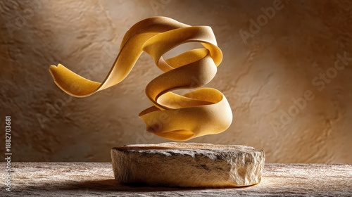 Wallpaper Mural Elegant Golden Levitating Ribbon Pasta Art on Stone Pedestal Torontodigital.ca