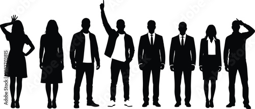 Diverse business people silhouettes standing together, men and women teamwork concept, leadership confidence, professional group, black vector illustration.