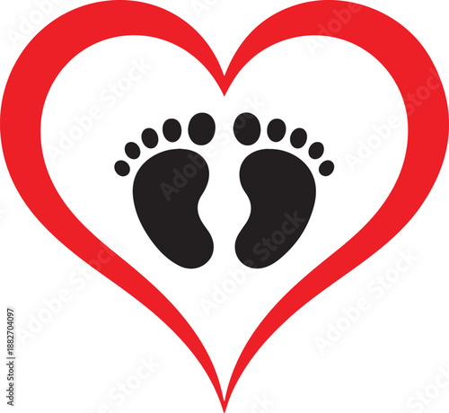 Black vector baby footprints silhouette print design. Footsteps in outline heart frame shape. Baby shower decor. New born sign icon. It's a girl,boy.Abstract love symbol.Vinyl wall sticker decal. Care
