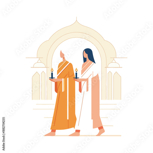flat vector illustration of two figures walking around temple with candles