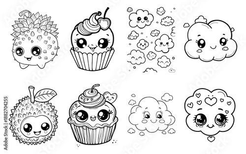 Kawaii Coloring Pages - Cute Fruits Cupcakes  Clouds with Faces
