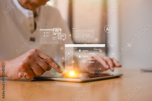 Senior man using digital tablet learning or working with ai icon representing elderly and technology lifestyle, using artificial intelligence by older people