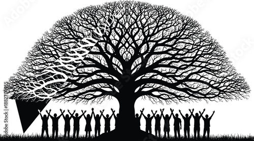 Community unity silhouettes beneath giant tree, growth and hope concept illustration, collective strength, nature symbolism, black monochrome artwork, design, collection