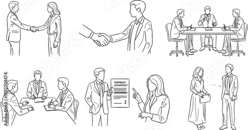 Line art illustrations depicting various business interactions, including handshakes, meetings, and contract discussions.