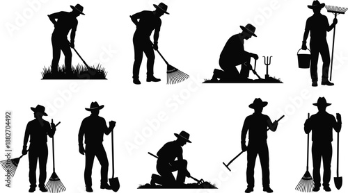 Gardener silhouettes working outdoors with tools, landscaping and gardening activities illustration, black farmer figures set, manual labor concept design, collection