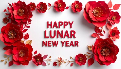 Vibrant Lunar New Year Celebration with Red Flowers and Bold Typography