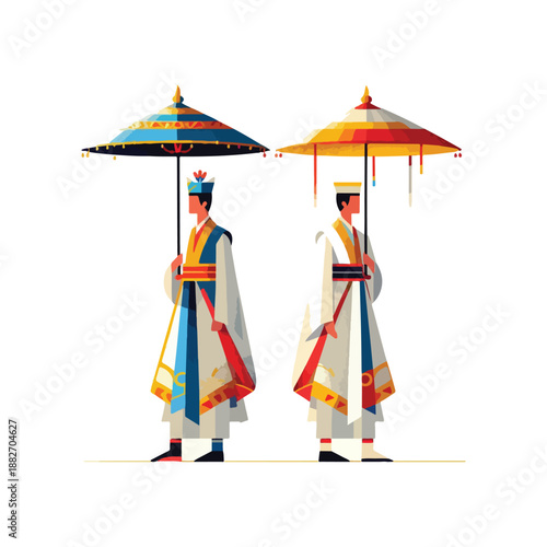flat vector illustration of two figures carrying umbrellas and ceremonial cloths