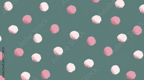 Abstract pink and white polka dot pattern on green background