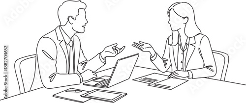 Line art illustration of two business professionals discussing at a desk with a laptop and documents.