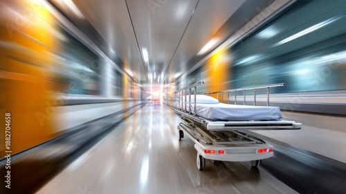Hospital stretcher moving quickly through a busy corridor