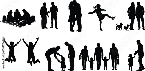 People silhouettes showing family, couples, children and social moments, lifestyle interaction illustration, black human figures set, relationships concept, design, collection