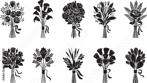 Collection of elegant black silhouette floral wedding bouquets and arrangements with ribbons isolated on transparent background
