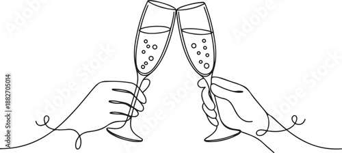Continuous line champagne cheers one line art, continuous drawing contour. Hands toasting with wine glasses with drinks. Cheers toast festive decoration for holidays. Vector illustration