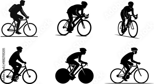 Dynamic collection of silhouetted cyclists in various action poses, showcasing different riding styles and bicycle types for sports, fitness, and active lifestyle designs
