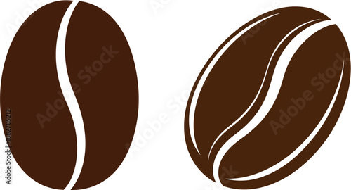Simple graphic design featuring two dark brown coffee beans with white center lines, symbolizing fresh roast, aromatic flavor, and stimulating beverage experience for a morning boost