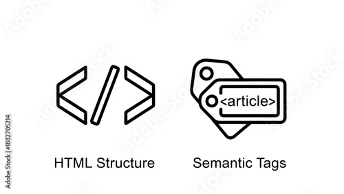 Web Development Icons Representing HTML Structure and Semantic Tags for Coding and SEO Optimization