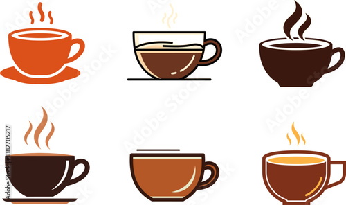 Hot Coffee and Tea Drinks in Cups, Collection of Cozy Beverages with Steam, Perfect for Cafes and Morning Routines