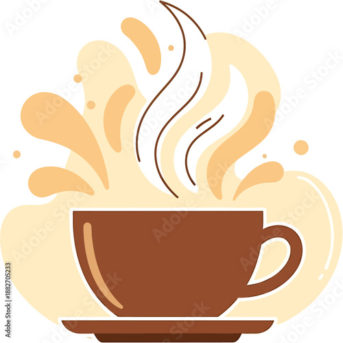 Stylized illustration of a comforting brown mug filled with a hot beverage, featuring elegant swirling steam and playful cream splatters, perfect for morning breaks