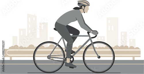 A person rides a bicycle on a road with a cityscape in the background, symbolizing fitness and urban transportation