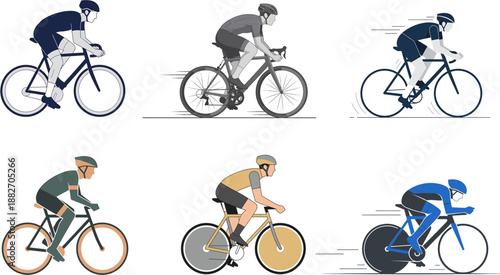 Set of Vector Illustrations Featuring Men Riding Bicycles in Various Cycling Disciplines, Highlighting Movement, Sport, and the Active Lifestyle of Biking