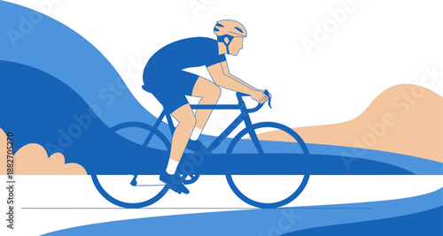 Dynamic vector illustration of a male cyclist, depicting an active lifestyle and healthy outdoor sport. Capturing the essence of speed and endurance on an abstract, wavy road