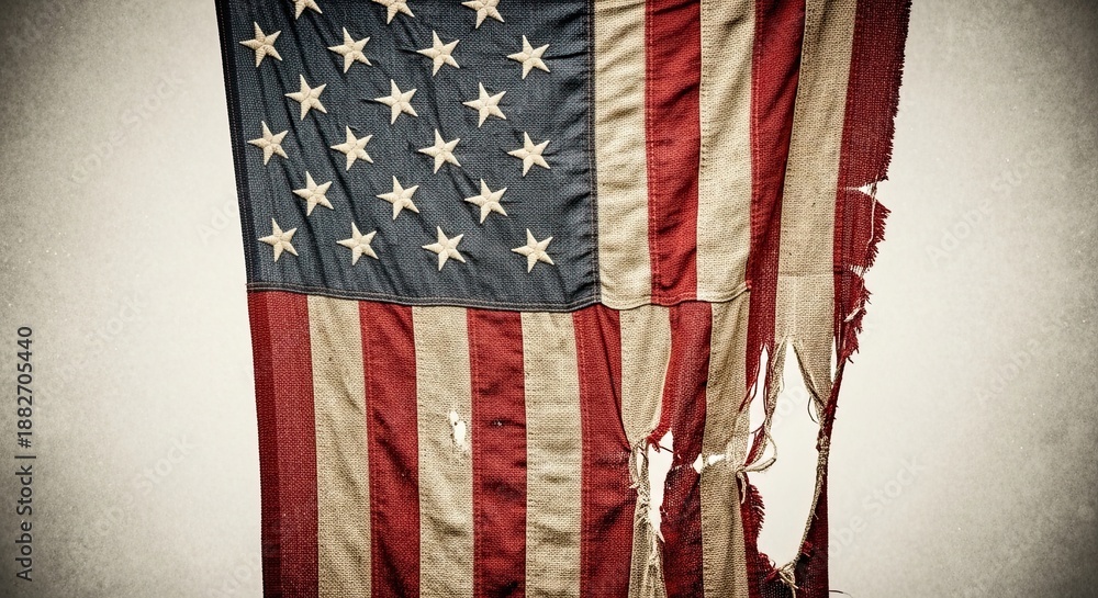 Fototapeta premium Vintage and Worn American Flag with Torn Fabric Texture