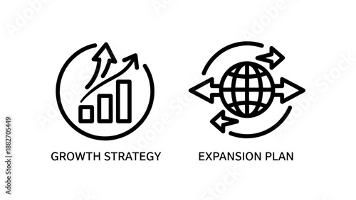 Growth Strategy and Expansion Plan Icons for Global Business Scaling and Market Development Vector Graphics